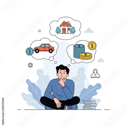 Man sitting thoughtfully considering various life goals and financial investments