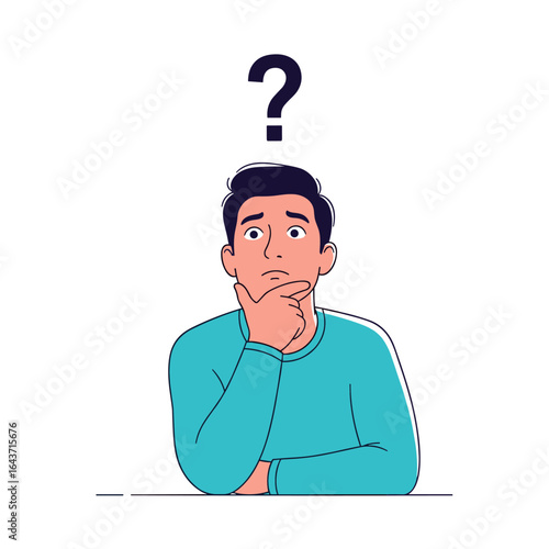 A thoughtful man with a question mark above his head expressing uncertainty and confusion