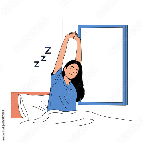 Young woman waking up stretching arms above her head feeling refreshed