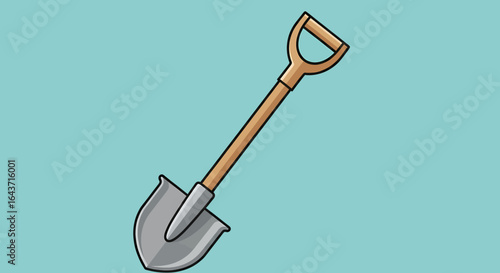Illustration of a shovel, a tool used for digging, with a wooden handle and a metal blade, on a blue background