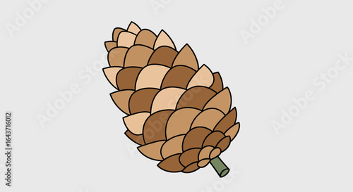 Stylized pine cone illustration with brown scales on a light background. Simple vector graphic for nature and winter holiday designs