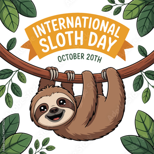 International Sloth Day - October 20th - Cute Sloth Hanging on a Branch