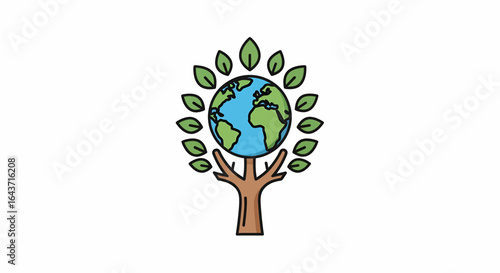 Vector illustration of a tree holding planet Earth, symbolizing ecology, nature conservation, and global environmental protection