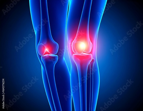 Painful human knee joint highlighted in a medical illustration.