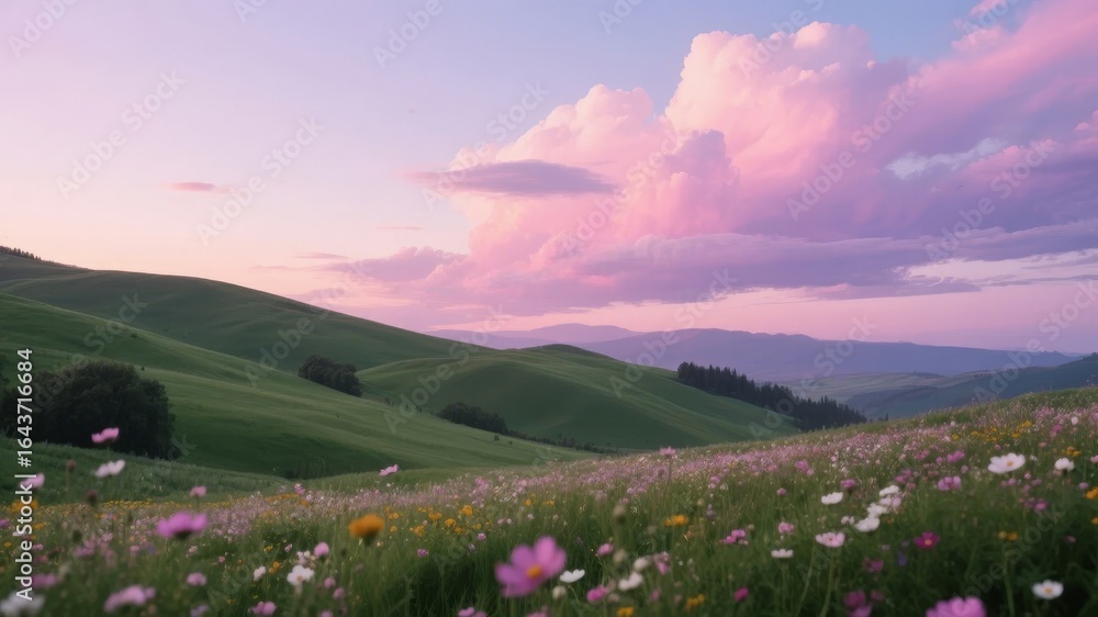 Fototapeta premium Rolling Hills at Sunset with Wildflowers and Pink Clouds