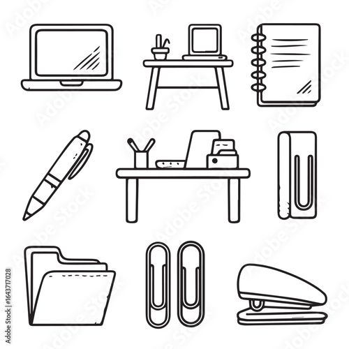 Outline illustration of office supplies and furniture composition icon set