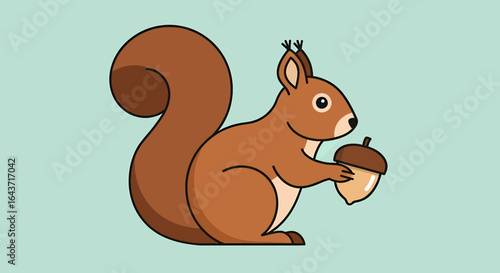 Cute brown cartoon squirrel with a bushy tail, holding an acorn. Adorable wildlife illustration capturing the essence of forest animals and their food gathering. Simple and charming nature art