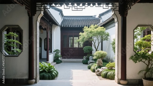 Traditional Chinese Courtyard with Ornamental Plants and Architectural Details