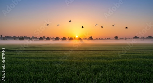 Golden Sunrise Over Misty Rice Paddies, Silhouetted Haystacks, and Flying Birds