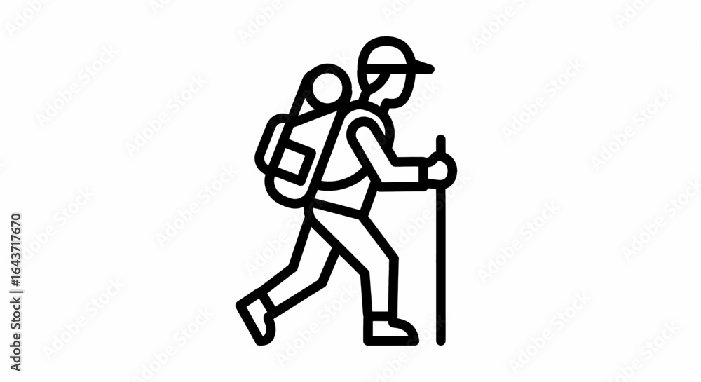 Obraz premium Vector icon of a parent hiking with a baby in a carrier backpack, symbolizing family adventure and outdoor trekking.