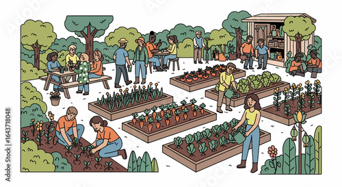 Group of diverse volunteers cultivating fresh produce in a vibrant community garden, embodying togetherness and green living.