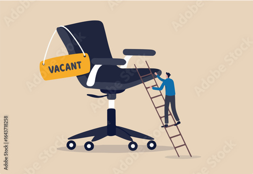Candidate searching for job, career path or job promotion to be management, ladder of work success concept, ambitious businessman worker climbing the ladder to management office chair with vacant sign