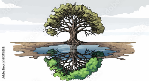 Conceptual illustration of a solitary tree and its lush, vibrant reflection, symbolizing the duality of life and nature.