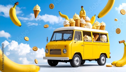 A surreal concept of a cheerful yellow van delivering an abundance of banana soft serve ice cream under a sunny blue sky.