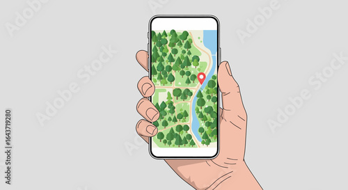 Hand holding a smartphone with a GPS navigation map for an outdoor adventure in a forest park. Mobile technology for hiking and travel planning, vector illustration.