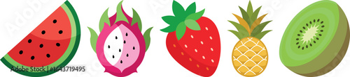 Summer Exotic Fruits Vector Pack with Watermelon, Dragon Fruit, Strawberry, Pineapple, and Kiwi