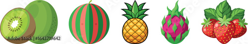 Colorful Exotic Fruit Vector Collection with Kiwi, Watermelon, Pineapple, Dragon Fruit, and Strawberry