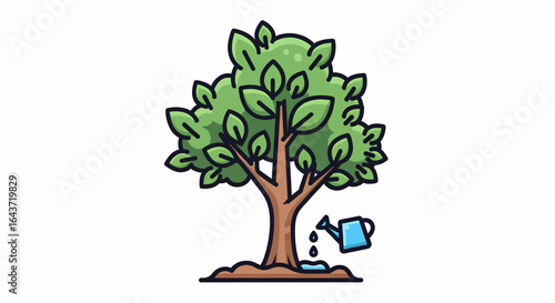 Nurturing a young green tree with a watering can, a concept for growth, gardening, and environmental conservation.