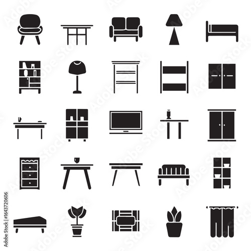 Collection of various home furniture and decor items in black glyphs icon set