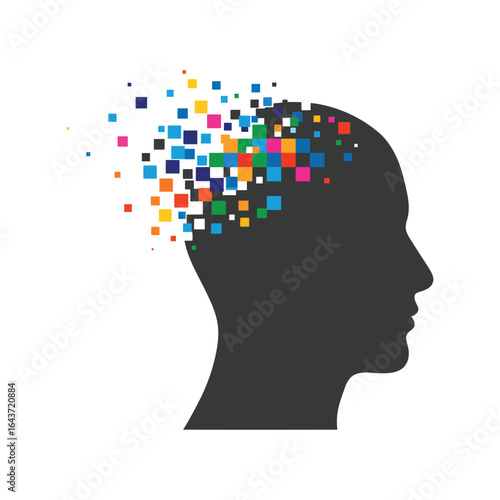 Human head profile silhouette with pixel squares breaking apart, mental health, memory loss, digital mind