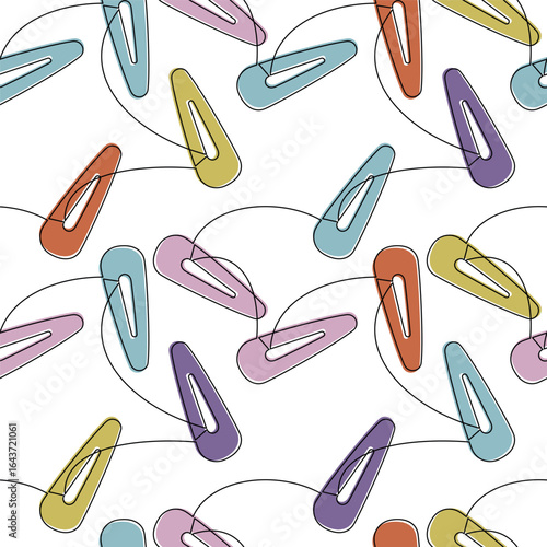 Hand drawn seamless pattern vector. Snap hair clips outline backdrop. Continuous line drawing illustration. Fashion wallpaper, beauty background, fabric, textile, wrapping paper print.