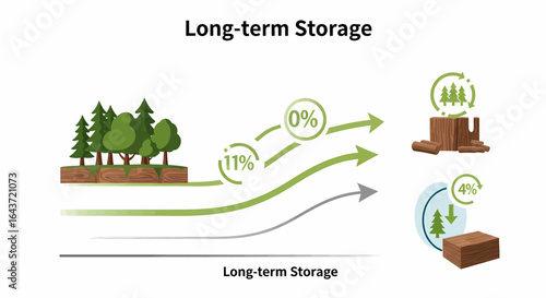 Conceptual infographic illustrating the long-term storage and sequestration of carbon through forestry and processed wood products.