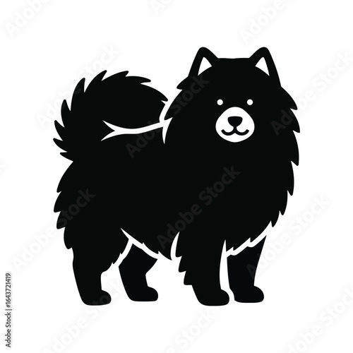 Cute black fluffy Pomeranian dog vector illustration, fluffy pet, furry friend, animal companion, puppy