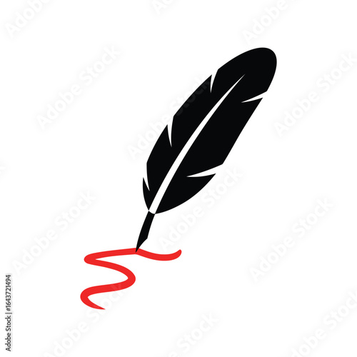 Black feather quill pen with a red swoosh, writing, creativity, education, author, poetry, literature