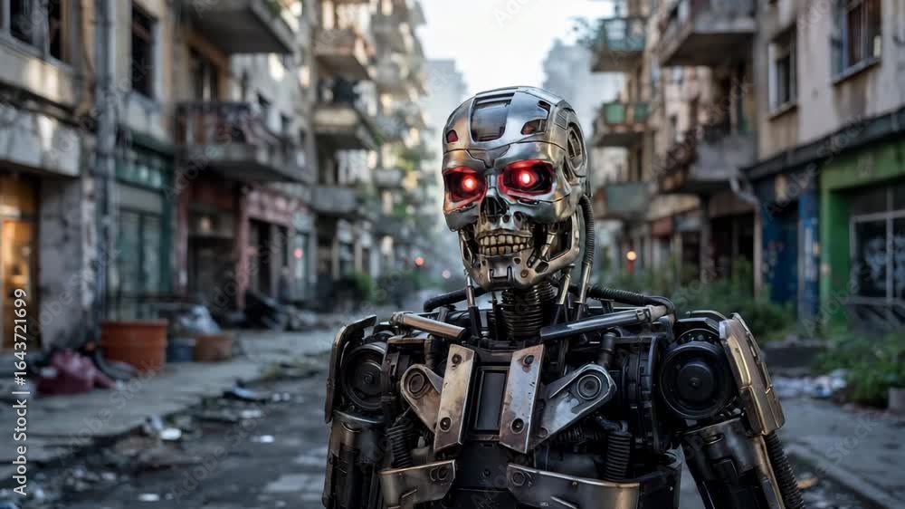 Apocalyptic cyborg robot with glowing red eyes surveys war-torn city streets, a stunning scene of future dystopia and science fiction Apocalyptic cyborg robot with glowing red eyes surveys war-torn city streets, a stunning scene of future dystopia and science fiction