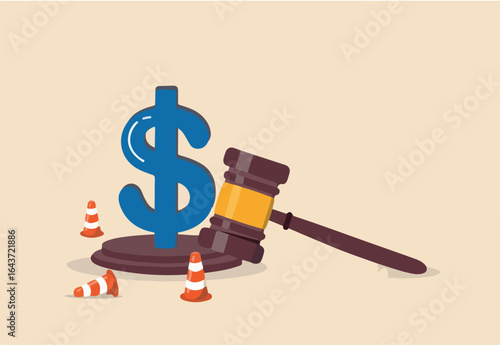 Workers compensation, insurance providing wages replacement, employee injured benefit, legal or law to compensate payment concept, justice gavel with dollar money symbol and accident pylons.