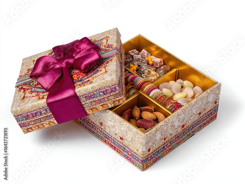Open Raksha Bandhan Gift Box with Traditional Indian Sweets on Transparent Background

