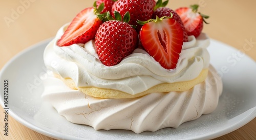 Exquisite strawberry pavlova on a pristine white plate showcasing a delightful dessert