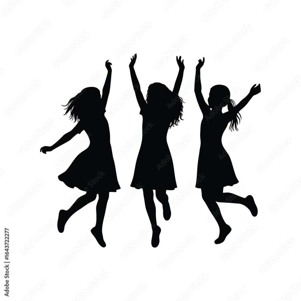 Fototapeta premium Silhouette of three happy girls jumping and dancing, freedom, childhood, joy, friendship, celebration