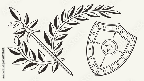 Shield and spear with laurel wreath illustration for heraldry emblem and ancient warrior design concept art