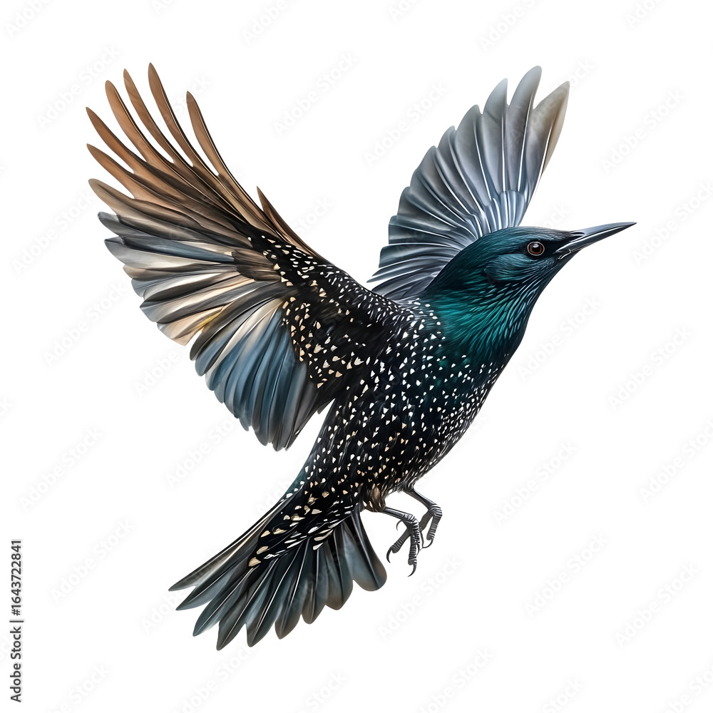 Naklejka premium A european starling with iridescent plumage in mid flight isolated on transparent background