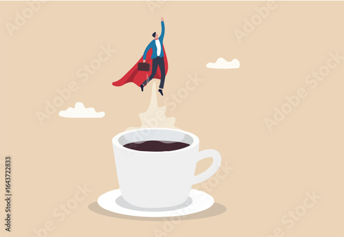 Coffee break to refresh or boost energy, morning routine to help focus and boost productivity, relax or awaken with tea break concept, businessman superhero flying from mug of coffee.
