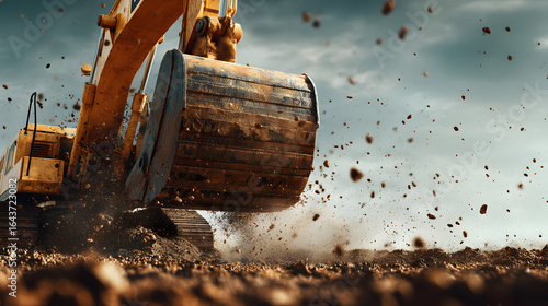 Close-up of a yellow excavator digging soil, detailed dirt texture and flying dust, heavy construction machinery, industrial work site under daylight, cinematic composition, realistic photography styl