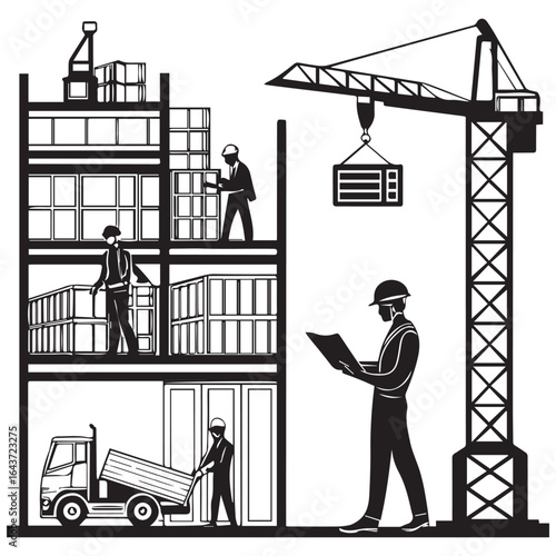 Architect overseeing construction site with crane lifting materials and workers building multi story structure and truck delivering supplies