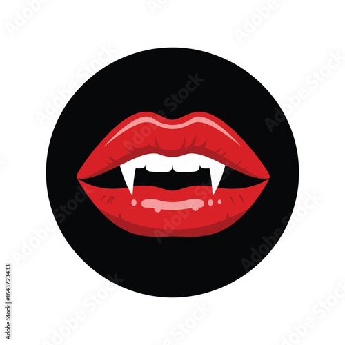 Red Lipstick Lips with Vampire Fangs Vector, Halloween Costume, Horror Party Graphic