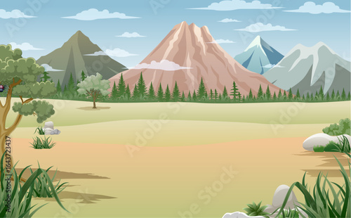 Landscape with mountains and trees. Vector illustration. Cartoon style.