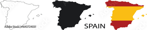 Set of Spain maps in outline, solid silhouette, and national flag design. Perfect for geography, travel, and cultural projects. High-quality vector collection for versatile creative use.