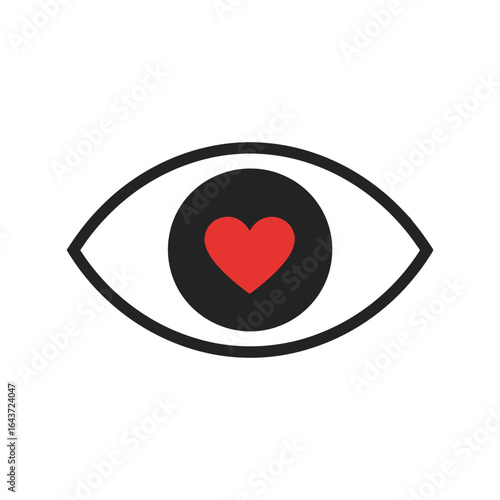 Human Eye with Red Heart Pupil Icon, Love and Vision Concept, Medical Graphic