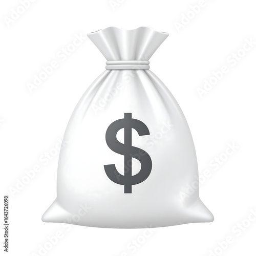 White money bag with dollar currency sign plastic style on transparent background and white background 