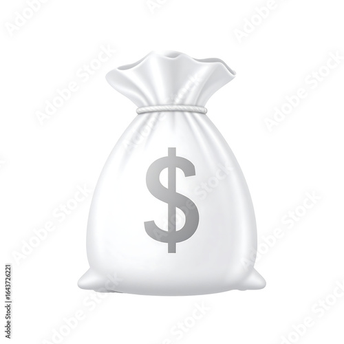 White money bag with dollar currency sign plastic style on transparent background and white background 