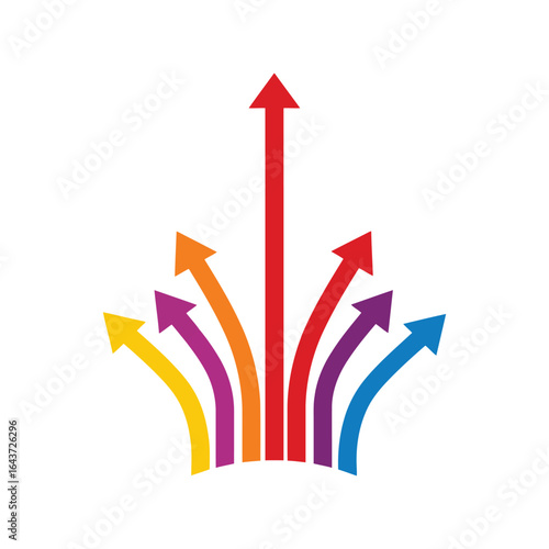 Colorful arrows diverging icon, growth, success, teamwork, development, forward, various directions, multiple paths, isolated
