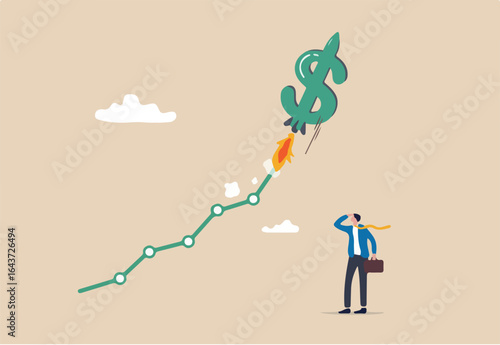 US Dollar value rising due to interest rate hike, exchange rate or financial report, economy or investment concept, businessman investor look at dollar sign rocket flying high on exchange chart.