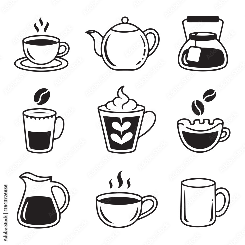 Obraz premium Assorted black and white beverage containers and mugs vector drawing icon set