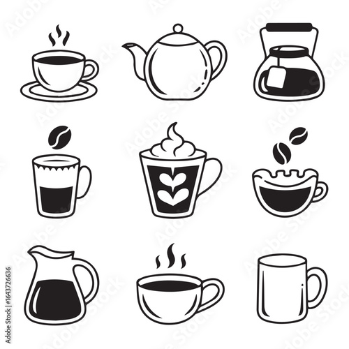 Assorted black and white beverage containers and mugs vector drawing icon set