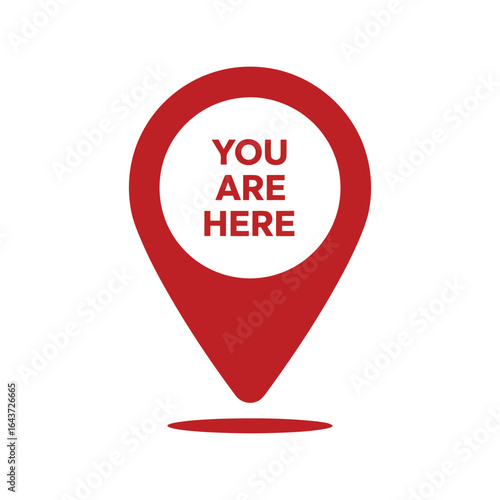 Red you are here map pointer icon, location pin, navigation symbol, gps marker, destination graphic, isolated vector
