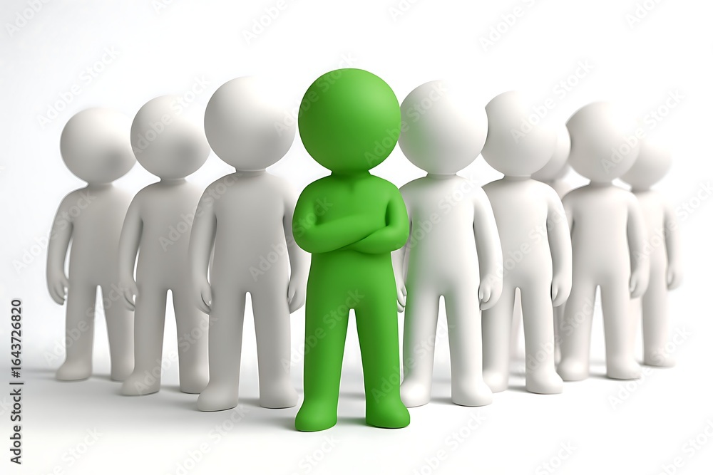 3D minimalist figure symbolizing unity and leadership, with a central green figure 3D minimalist figure symbolizing unity and leadership, with a central green figure